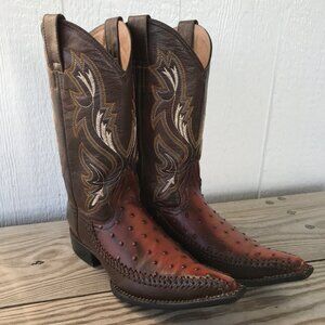 El General Ostrich Print Pointy Mens Brown Leather Buckstitched Boots 7.5 1892